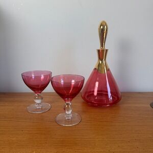 Vintage MCM Cranberry Glass Decanter and 2 Cordial Glasses Gold Trim Set